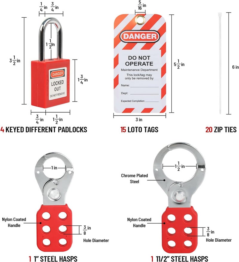 Xeoca Lockout Tagout Kit Electrical Loto 33Pcs - Safety Padlocks Clamp-On Circuit Breaker Lockout, Group Lockout Hasps, Lockout Tag, Universal Multi- Pole Breaker and Red Carrying Bag - Image 4